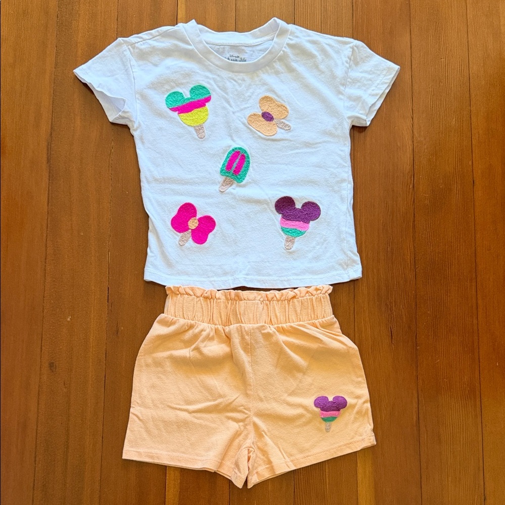 Disney White Tee and Peach Shorts Matching Set with Colorful Popsicle Appliqués